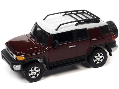 2010 Toyota FJ Cruiser Brick Red with White Top and Roof Rack with Camping Trailer Limited Edition to 7360 pieces Worldwide "Tow & Go" Series 1/64 Diecast Model Car by Johnny Lightning