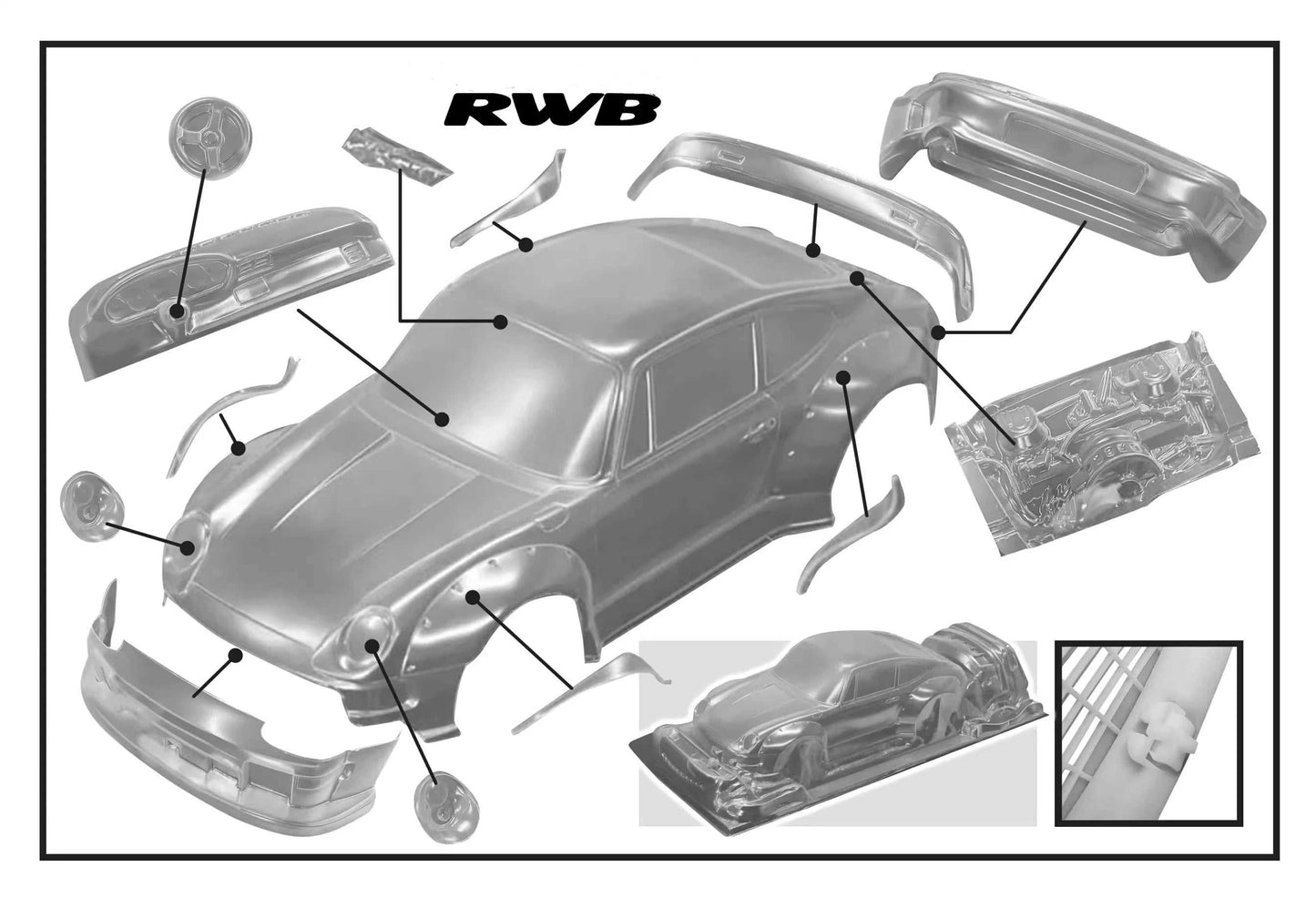 1/10 RWB 993 Wide RC Drift Body Rally PC Shell 195mm Width 260mm Wheelbase Lampshade No Painted Body RC Hsp Hpi Trax Tamiya LC