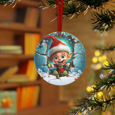 Cute Elf wearing winter hat Breaking Through Christmas Metal Ornament Elves