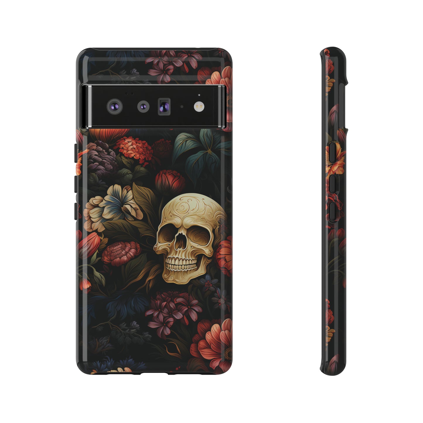 Skull & Flowers Phone Case iPhone 12-15 Pro Max, Google Pixel 5-7 Pro, Samsung S20-23