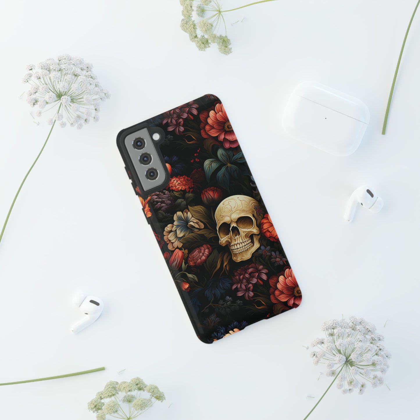 Skull & Flowers Phone Case iPhone 12-15 Pro Max, Google Pixel 5-7 Pro, Samsung S20-23