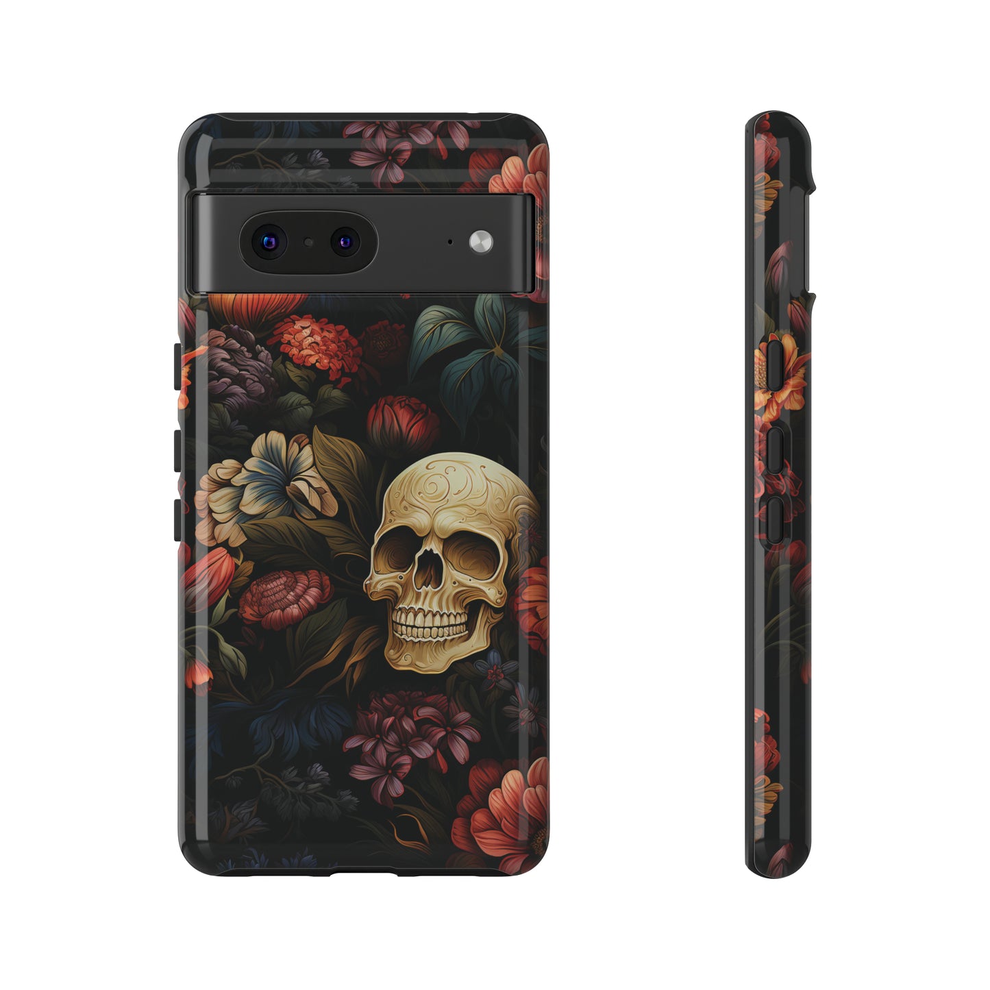 Skull & Flowers Phone Case iPhone 12-15 Pro Max, Google Pixel 5-7 Pro, Samsung S20-23