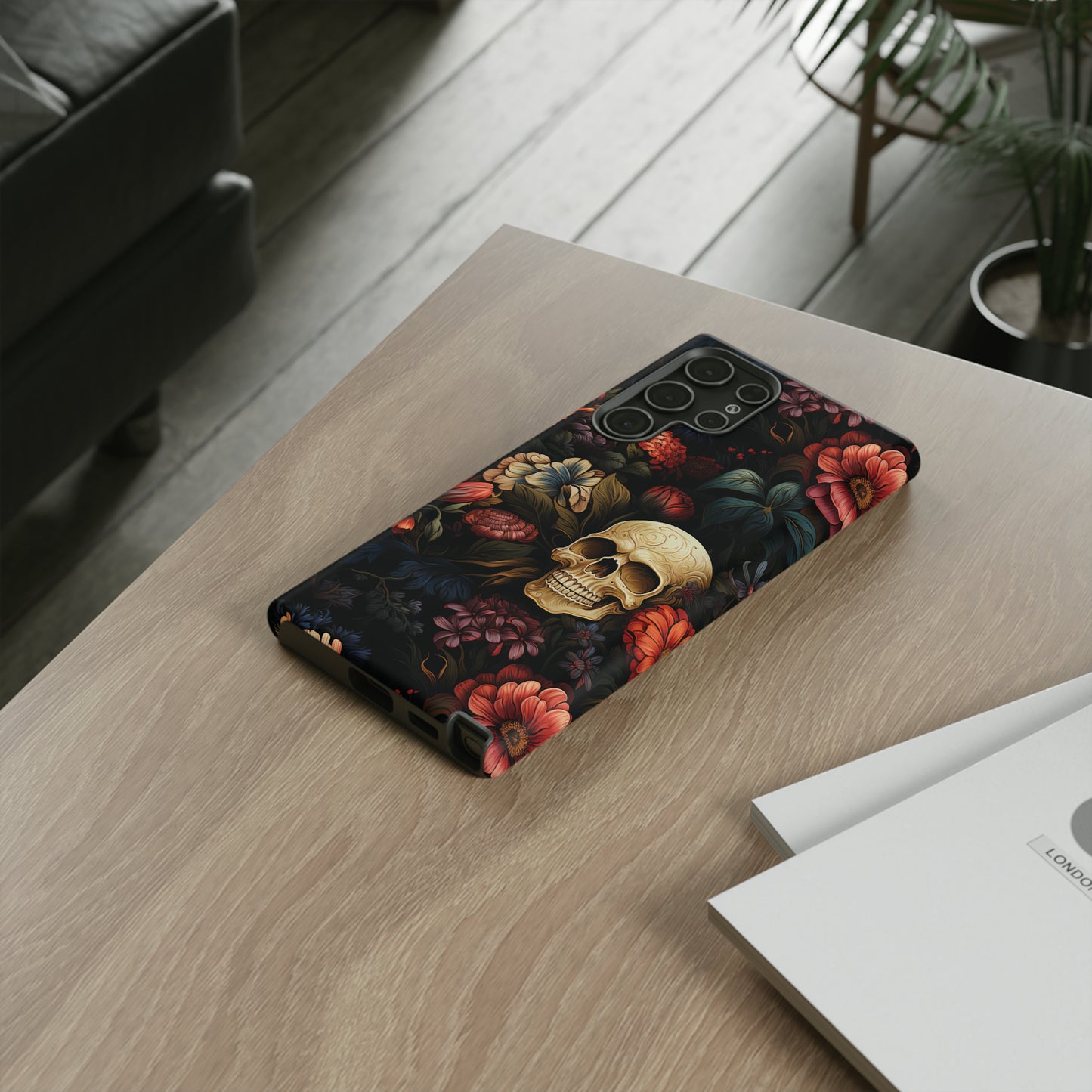 Skull & Flowers Phone Case iPhone 12-15 Pro Max, Google Pixel 5-7 Pro, Samsung S20-23