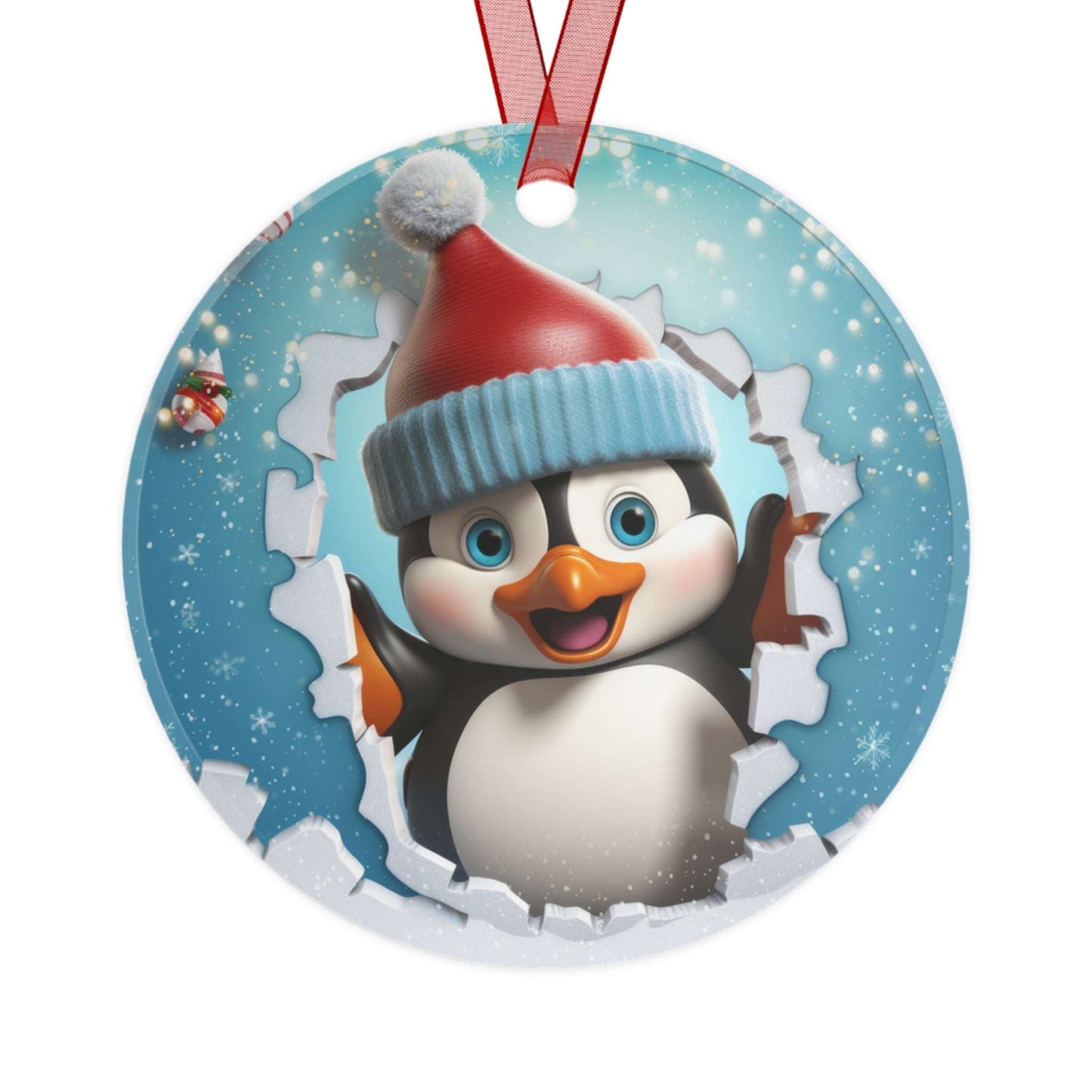 Cute Penguin wearing winter hat Breaking Through Christmas Metal Ornament