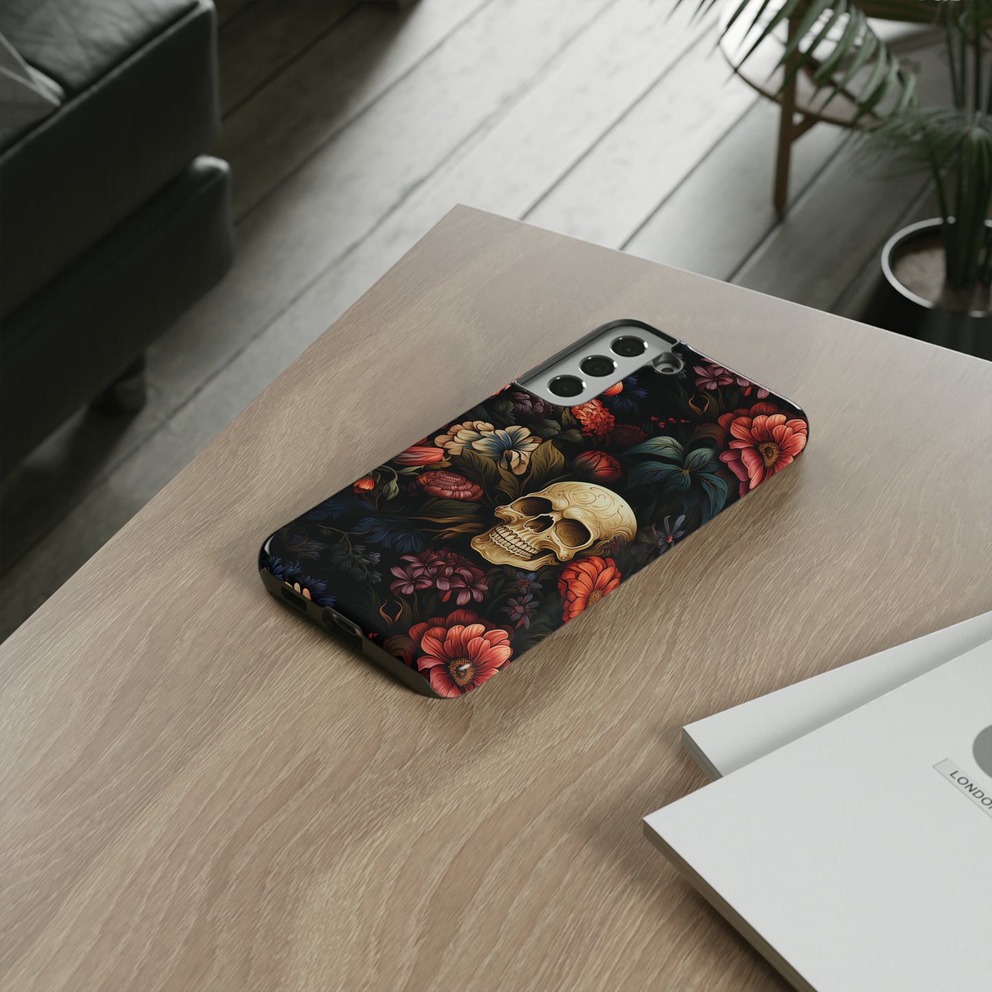 Skull & Flowers Phone Case iPhone 12-15 Pro Max, Google Pixel 5-7 Pro, Samsung S20-23