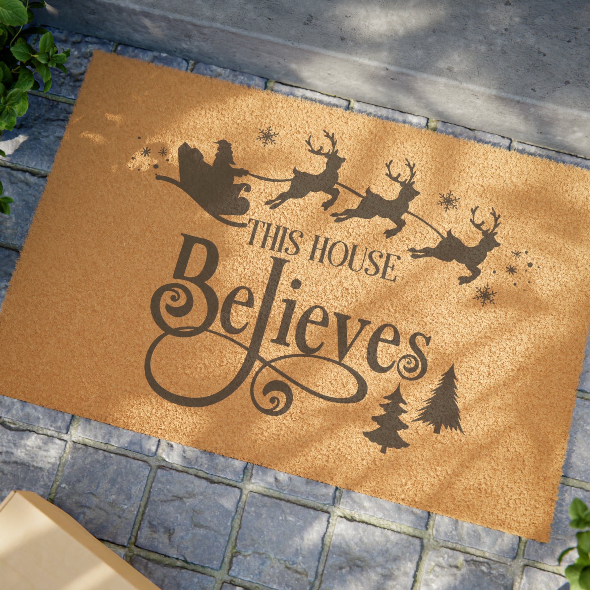 This House Believes Doormat Santa Reindeer Christmas Mat Rudolph Sleigh