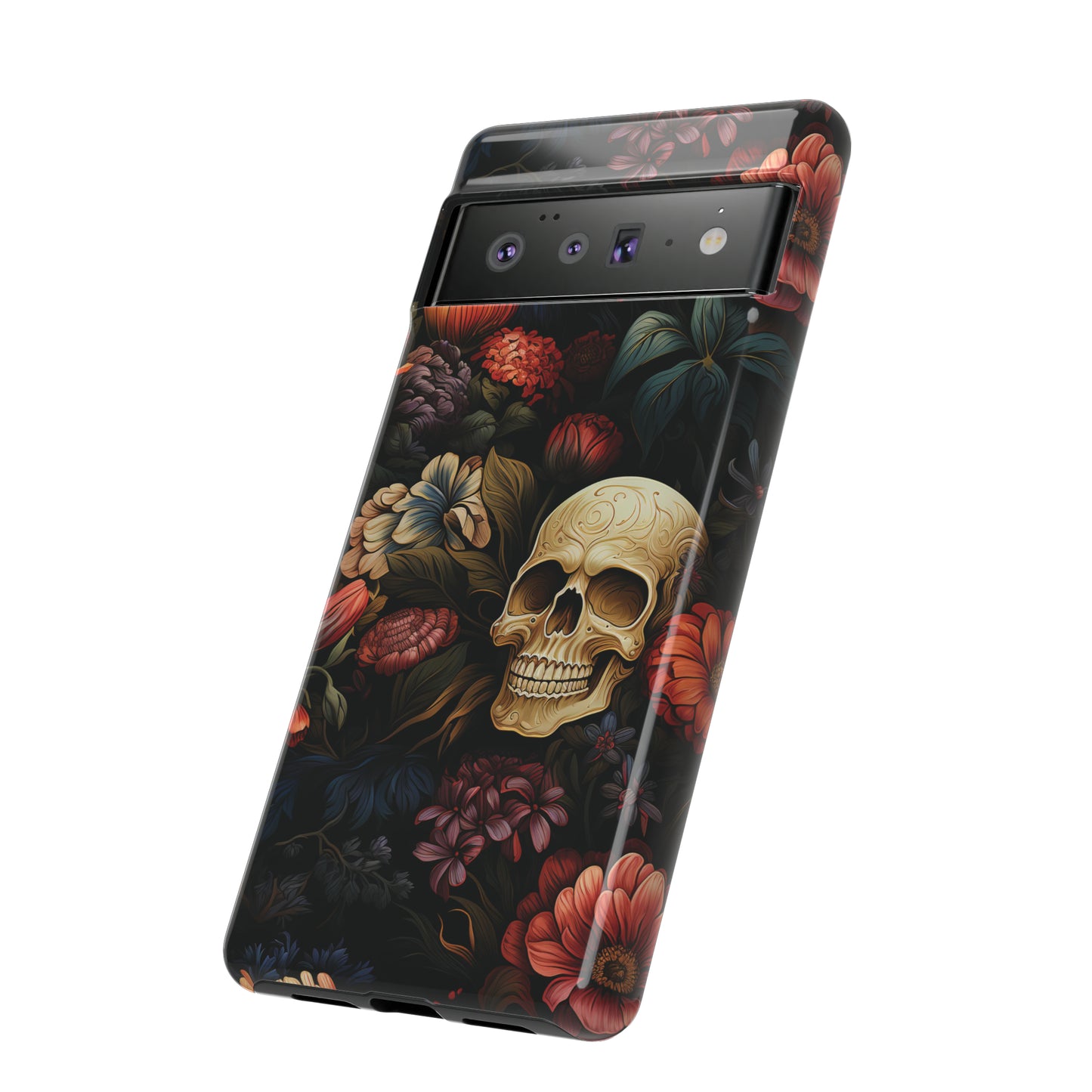 Skull & Flowers Phone Case iPhone 12-15 Pro Max, Google Pixel 5-7 Pro, Samsung S20-23