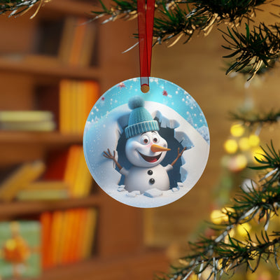 Snowman with carrot Breaking Through Christmas Metal Ornament