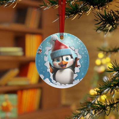 Cute Penguin wearing winter hat Breaking Through Christmas Metal Ornament