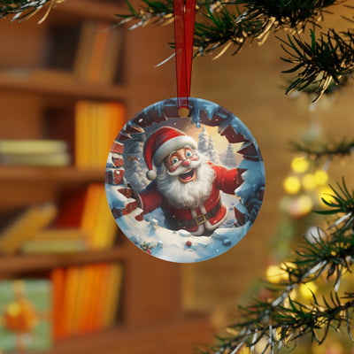 Santa Breaking Through Christmas Metal Ornament