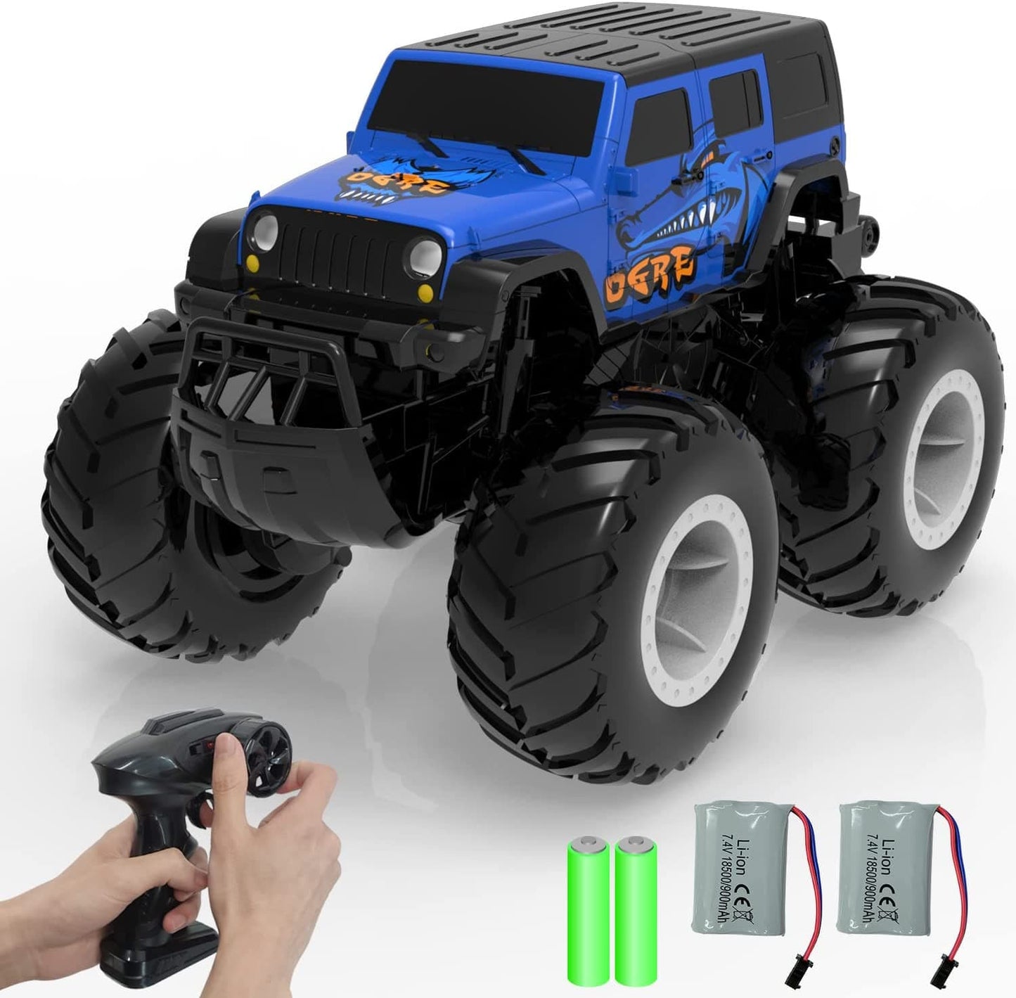 Amphibious Remote Control Car All Terrain Off-Road Waterproof RC Monster Truck for Kids (Blue) 2 pcs Batteries
