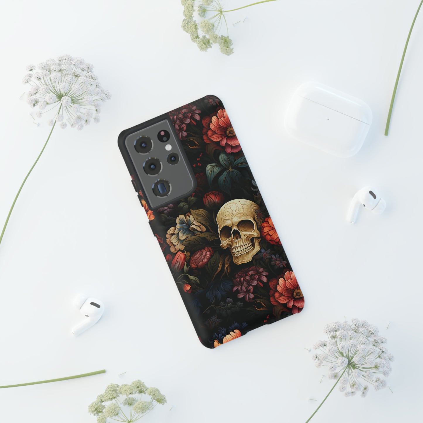 Skull & Flowers Phone Case iPhone 12-15 Pro Max, Google Pixel 5-7 Pro, Samsung S20-23