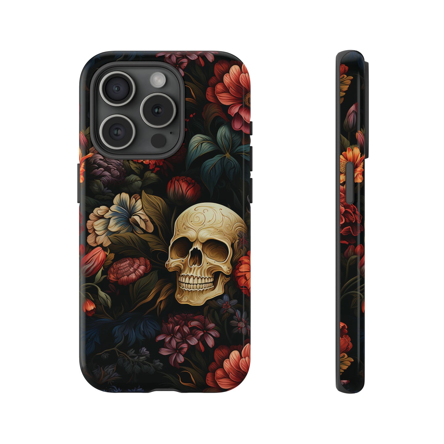 Skull & Flowers Phone Case iPhone 12-15 Pro Max, Google Pixel 5-7 Pro, Samsung S20-23