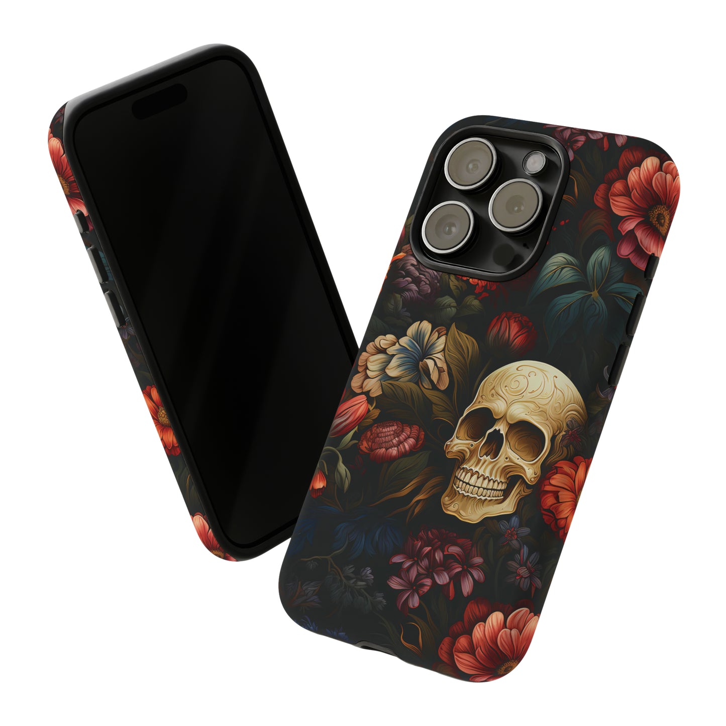 Skull & Flowers Phone Case iPhone 12-15 Pro Max, Google Pixel 5-7 Pro, Samsung S20-23