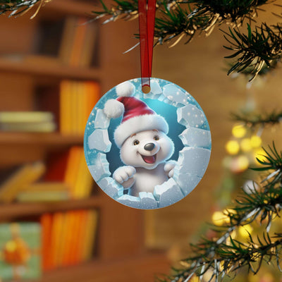 Cute Polar Bear wearing Santa hat Breaking Through Christmas Metal Ornament