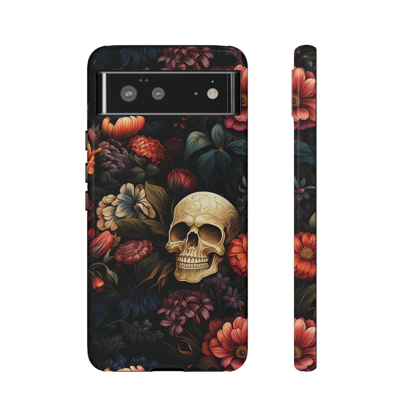 Skull & Flowers Phone Case iPhone 12-15 Pro Max, Google Pixel 5-7 Pro, Samsung S20-23