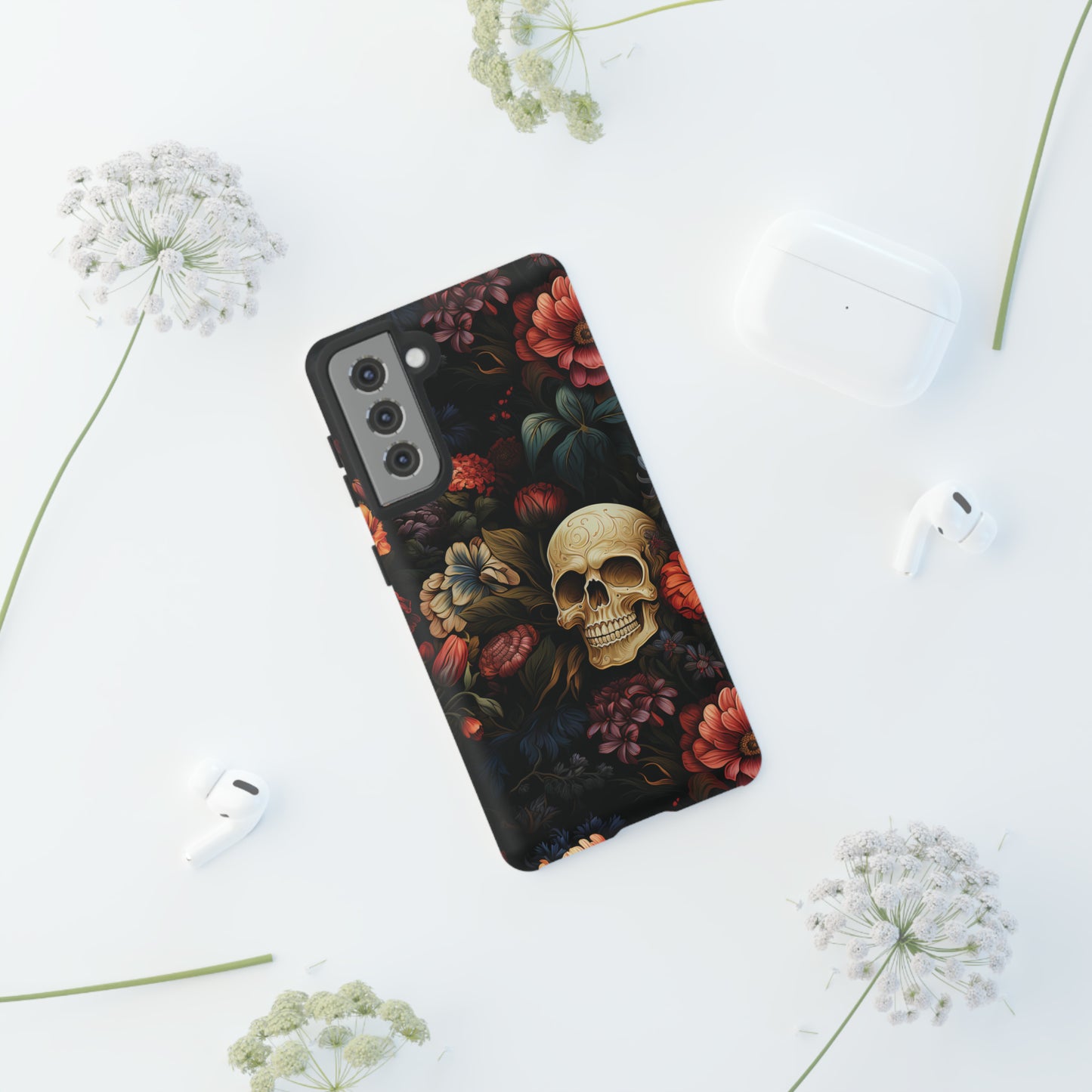 Skull & Flowers Phone Case iPhone 12-15 Pro Max, Google Pixel 5-7 Pro, Samsung S20-23