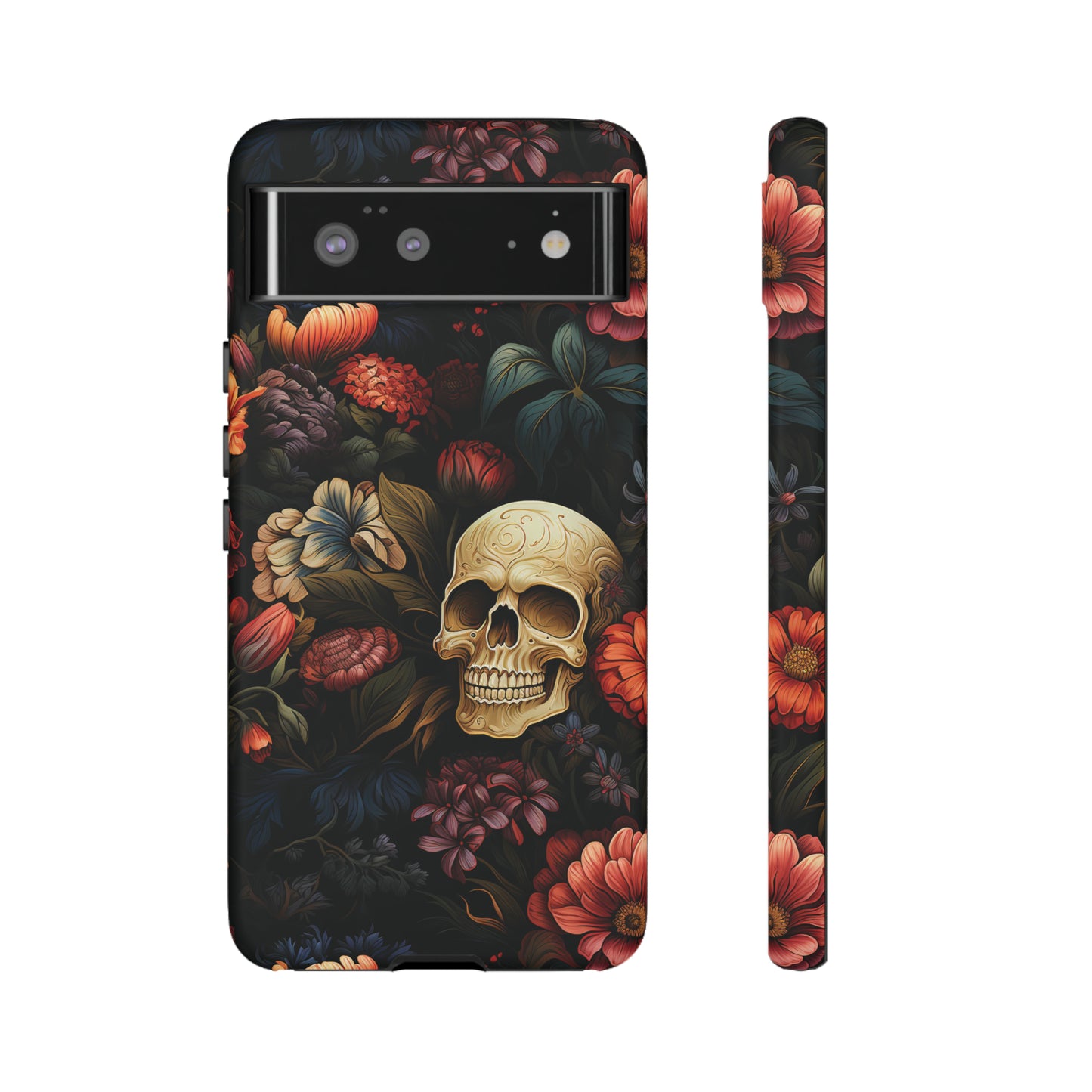 Skull & Flowers Phone Case iPhone 12-15 Pro Max, Google Pixel 5-7 Pro, Samsung S20-23