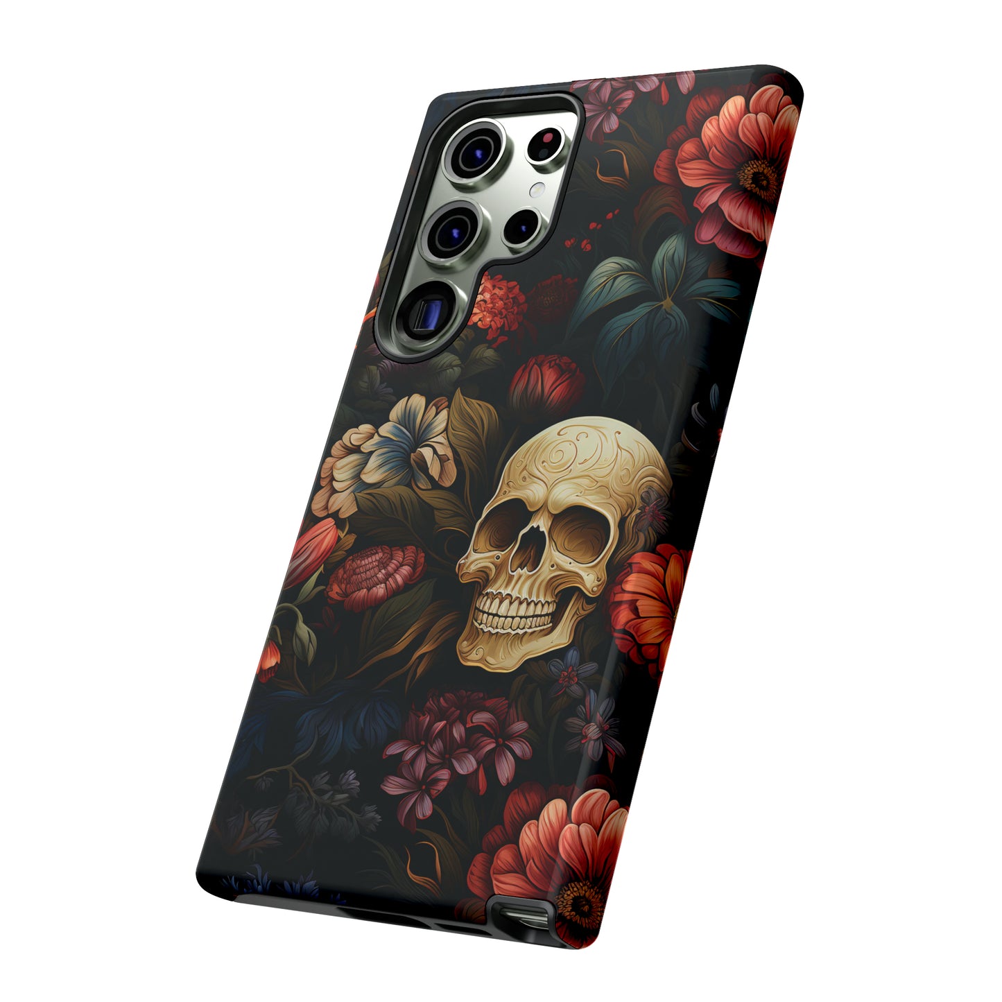 Skull & Flowers Phone Case iPhone 12-15 Pro Max, Google Pixel 5-7 Pro, Samsung S20-23