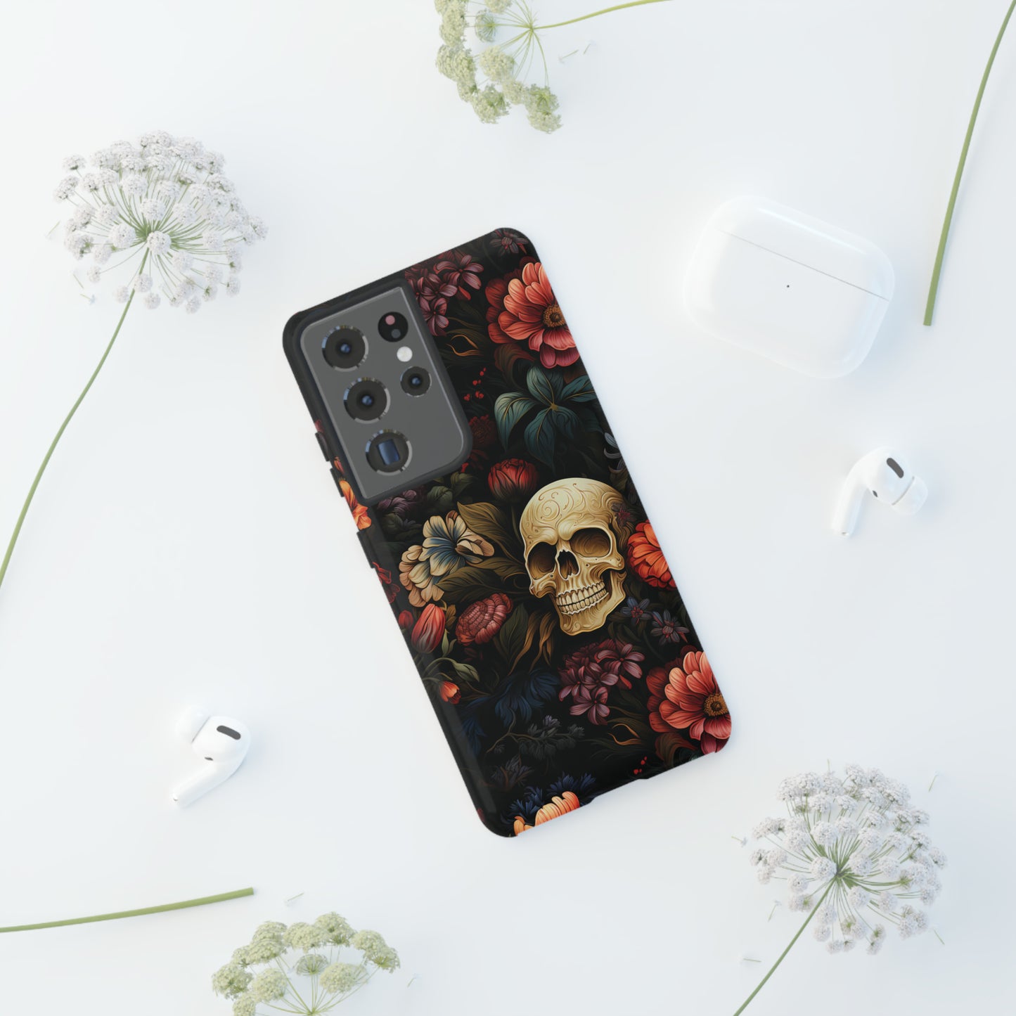 Skull & Flowers Phone Case iPhone 12-15 Pro Max, Google Pixel 5-7 Pro, Samsung S20-23