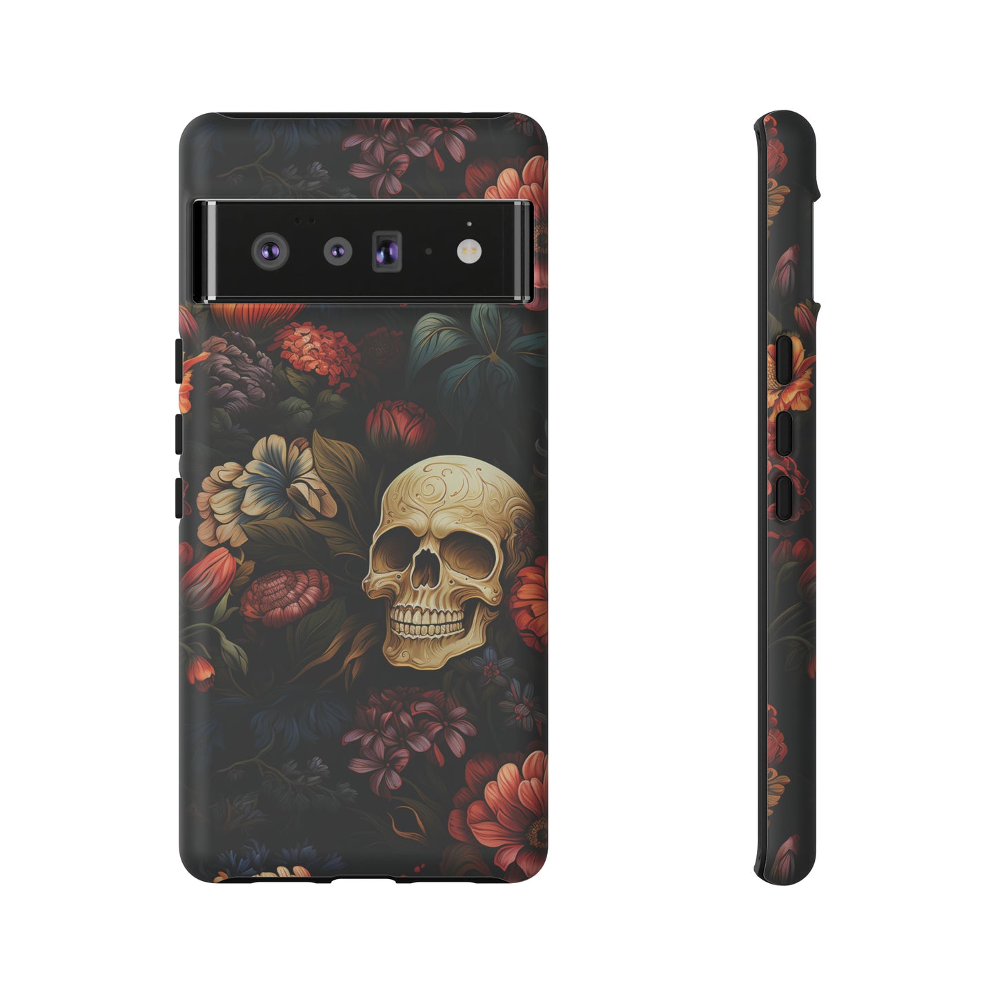 Skull & Flowers Phone Case iPhone 12-15 Pro Max, Google Pixel 5-7 Pro, Samsung S20-23