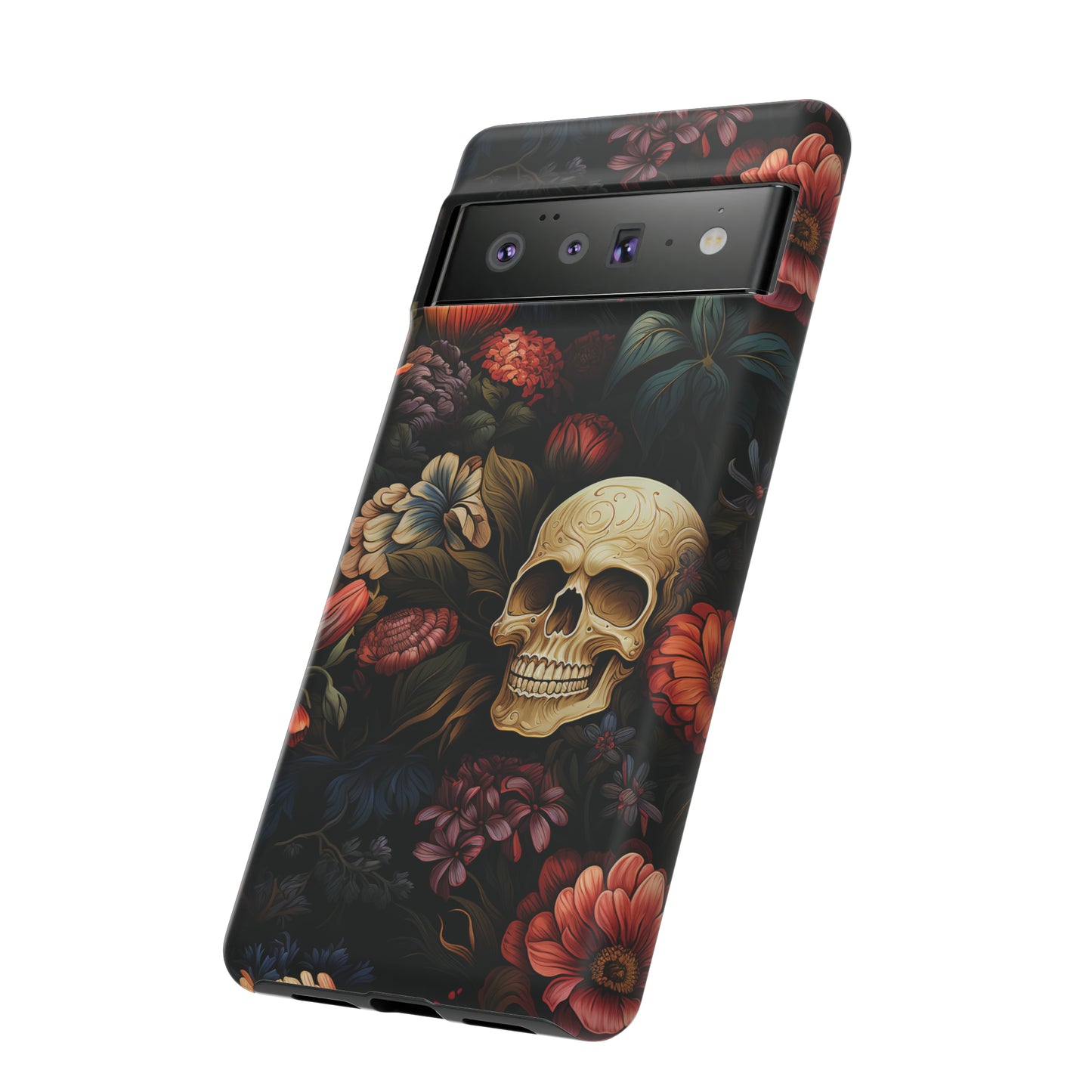 Skull & Flowers Phone Case iPhone 12-15 Pro Max, Google Pixel 5-7 Pro, Samsung S20-23