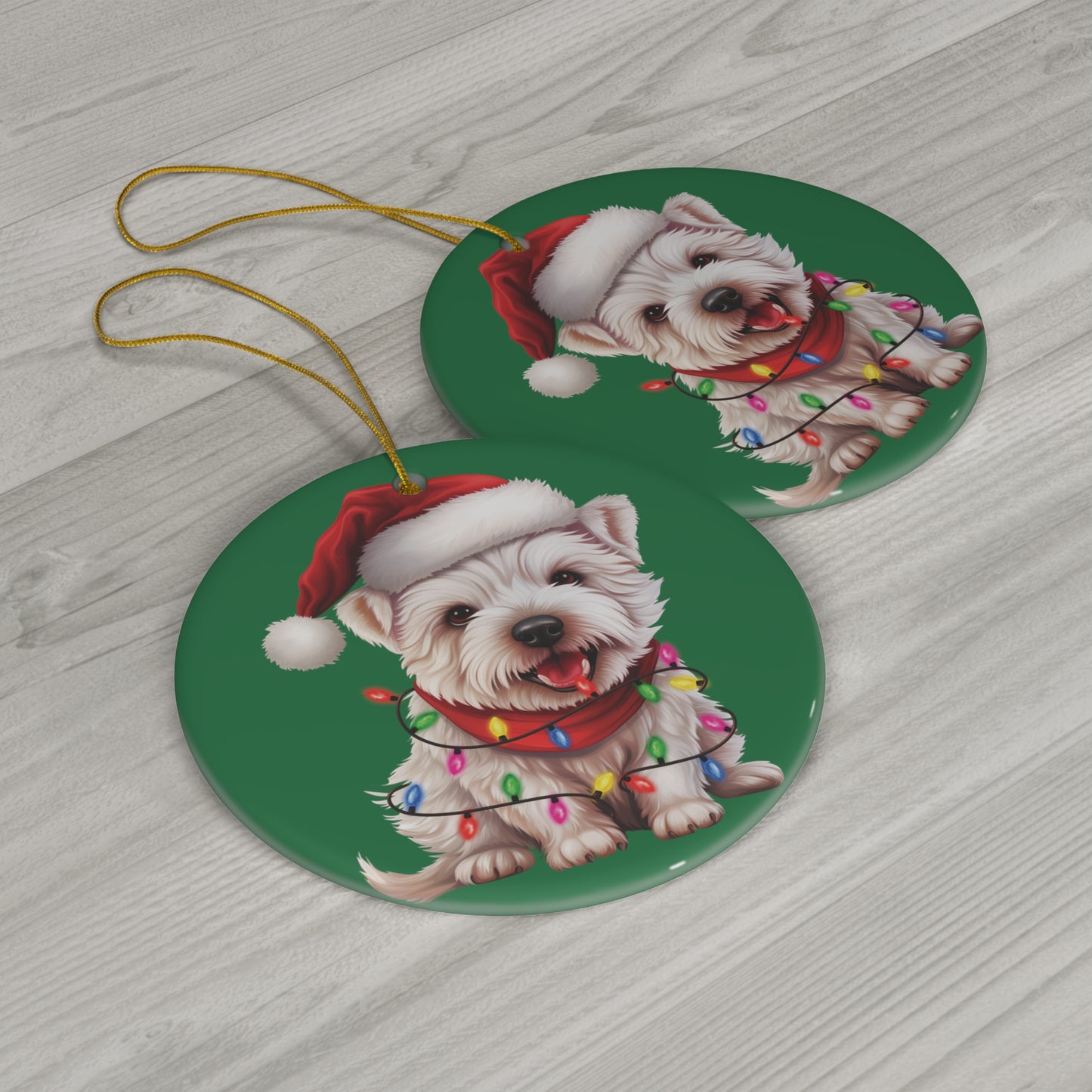 West Highland Terrier Westie Christmas Santa Hat Lights Ceramic Ornament, 1-Pack