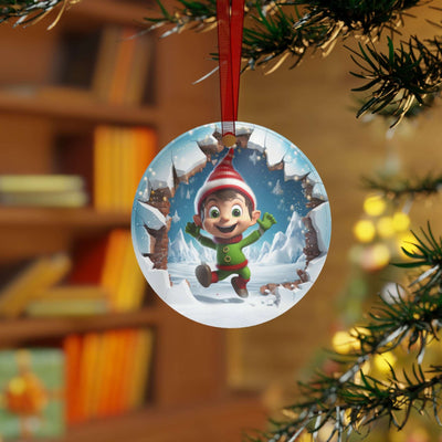 Cute Elf wearing winter hat Breaking Through Christmas Metal Ornament Elves