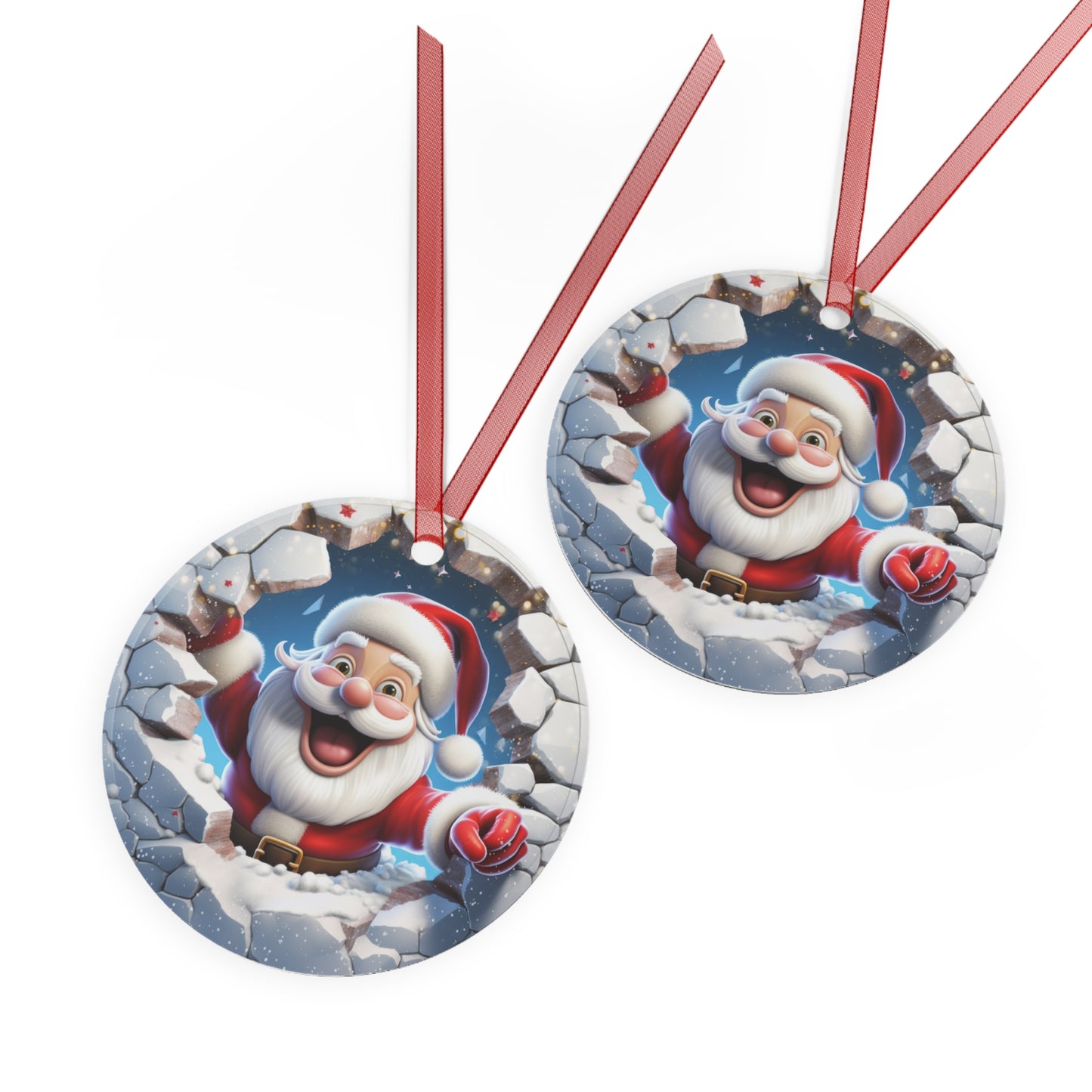 Santa Breaking Through Christmas Metal Ornament