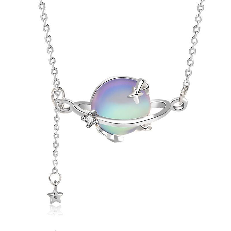 Gift Round Natural Moonstone Planet Stars 925 Sterling Silver Necklace