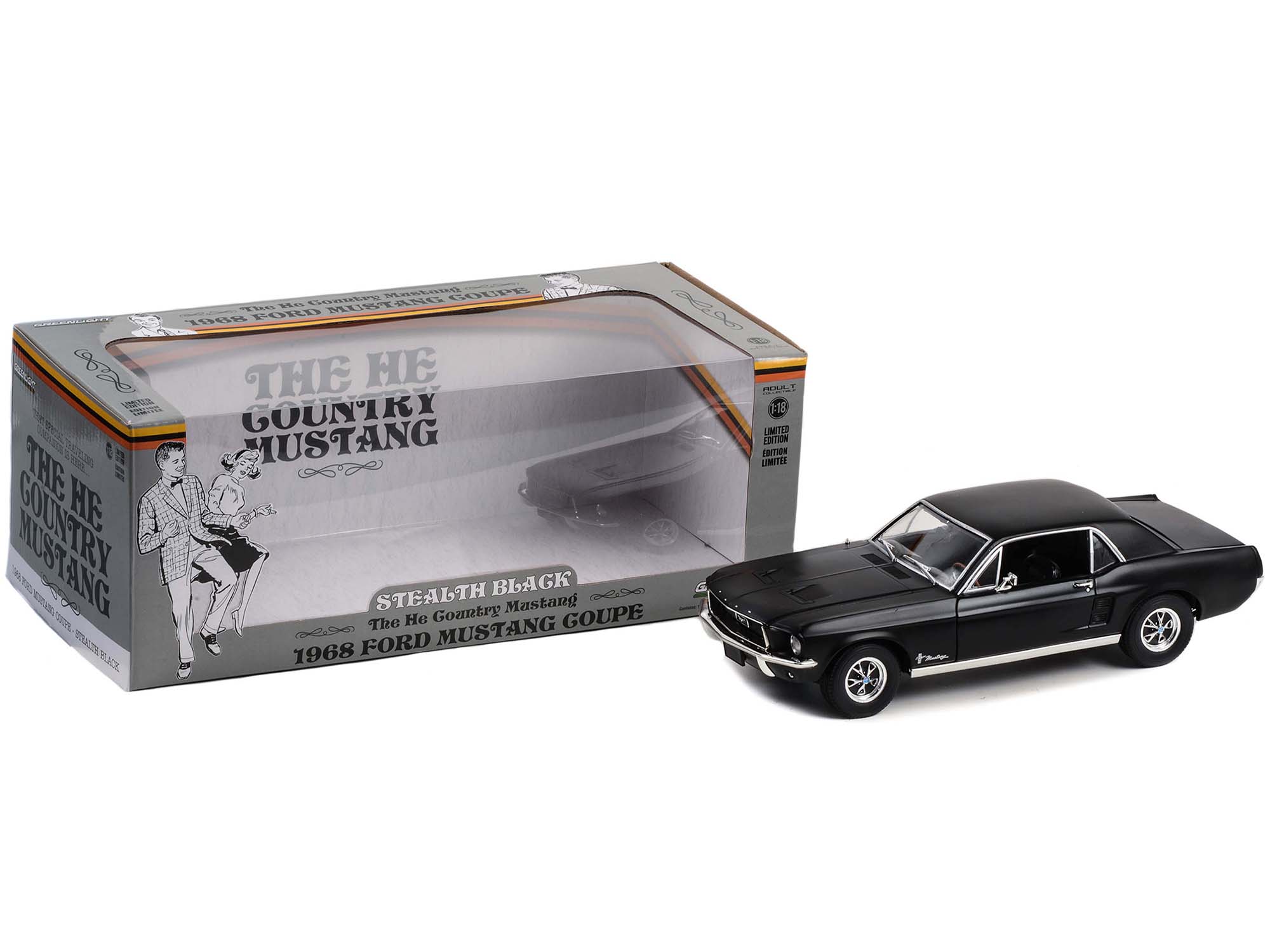 1968 Ford Mustang Coupe Stealth Black "He Country Special - Bill Goodro Ford Denver Colorado" 1/18 Diecast Car Model by Greenlight