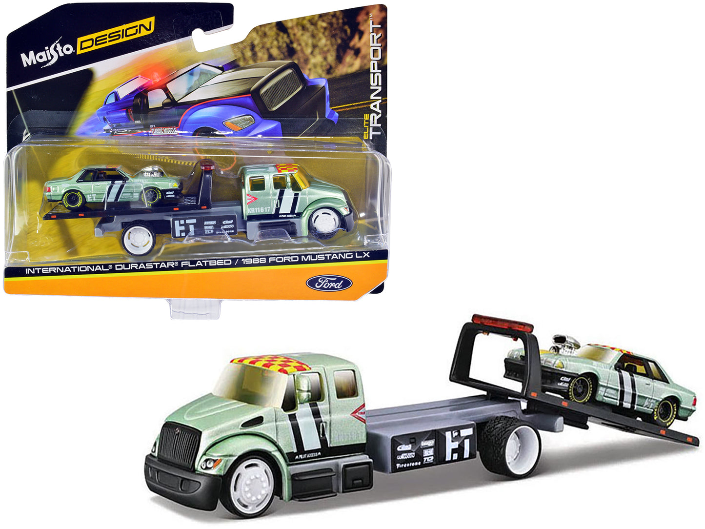 International DuraStar Flatbed Truck #17 and 1988 Ford Mustang LX #17 Light Green Metallic with Stripes and Graphics "Elite Transport" Series 1/64 Diecast Models by Maisto