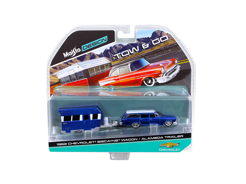 1962 Chevrolet Biscayne Wagon with Alameda Trailer Blue Tow & Go 1/64 Diecast Model by Maisto