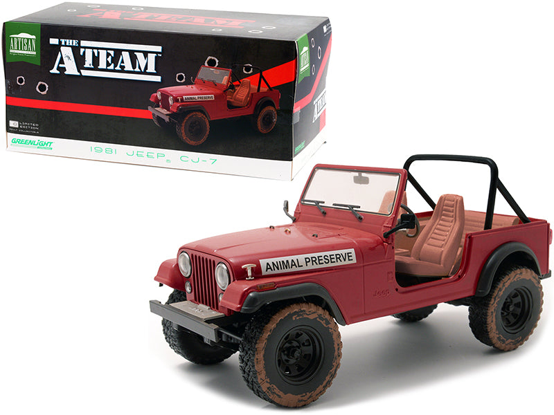 1981 Jeep CJ-7 "Animal Preserve" Red (Dirty Version) "The A-Team" (1983-1987) TV Series 1/18 Diecast Model Car by Greenlight