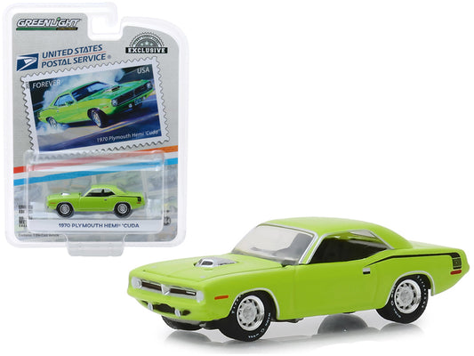 1970 Plymouth HEMI 'Cuda Lime Green "USPS Stamps" (2013) (United States Postal Service) "America on the Move: Muscle Cars" "Hobby Exclusive" 1/64 Diecast Model Car by Greenlight