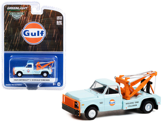 1969 Chevrolet C-30 Dually Wrecker Tow Truck "Gulf Oil" Light Blue "Welding Tire Collision" "Hobby Exclusive" 1/64 Diecast Model Car by Greenlight