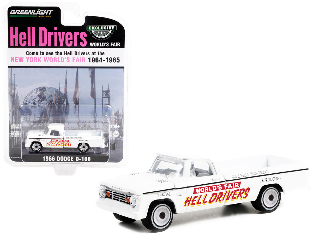 1966 Dodge D-100 Pickup Truck White "Hell Drivers" "New York World’s Fair" (1964-1965) "Hobby Exclusive" 1/64 Diecast Model Car by Greenlight