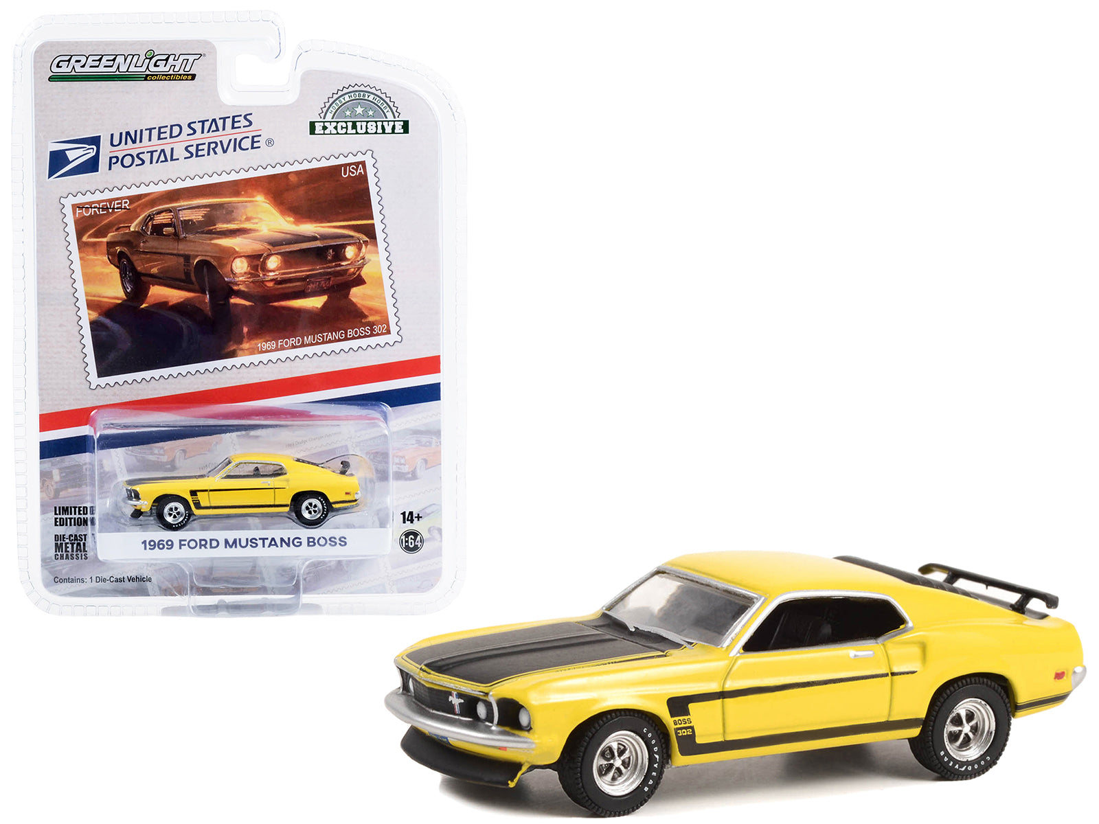 1969 Ford Mustang Boss 302 Yellow with Black Hood and Stripes USPS (United States Postal Service) "2022 Pony Car Stamp Collection" "Hobby Exclusive" Series 1/64 Diecast Model Car by Greenlight
