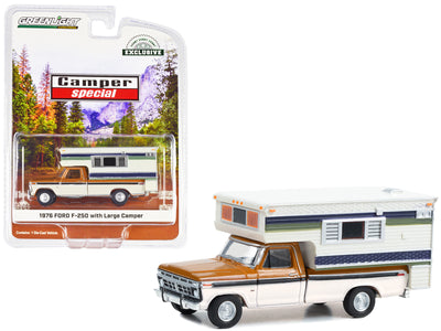 1976 Ford F-250 Pickup Truck with Large Camper Nectarine Orange Metallic and Wimbledon White with Black Stripes "Camper Special" "Hobby Exclusive" Series 1/64 Diecast Model Car by Greenlight