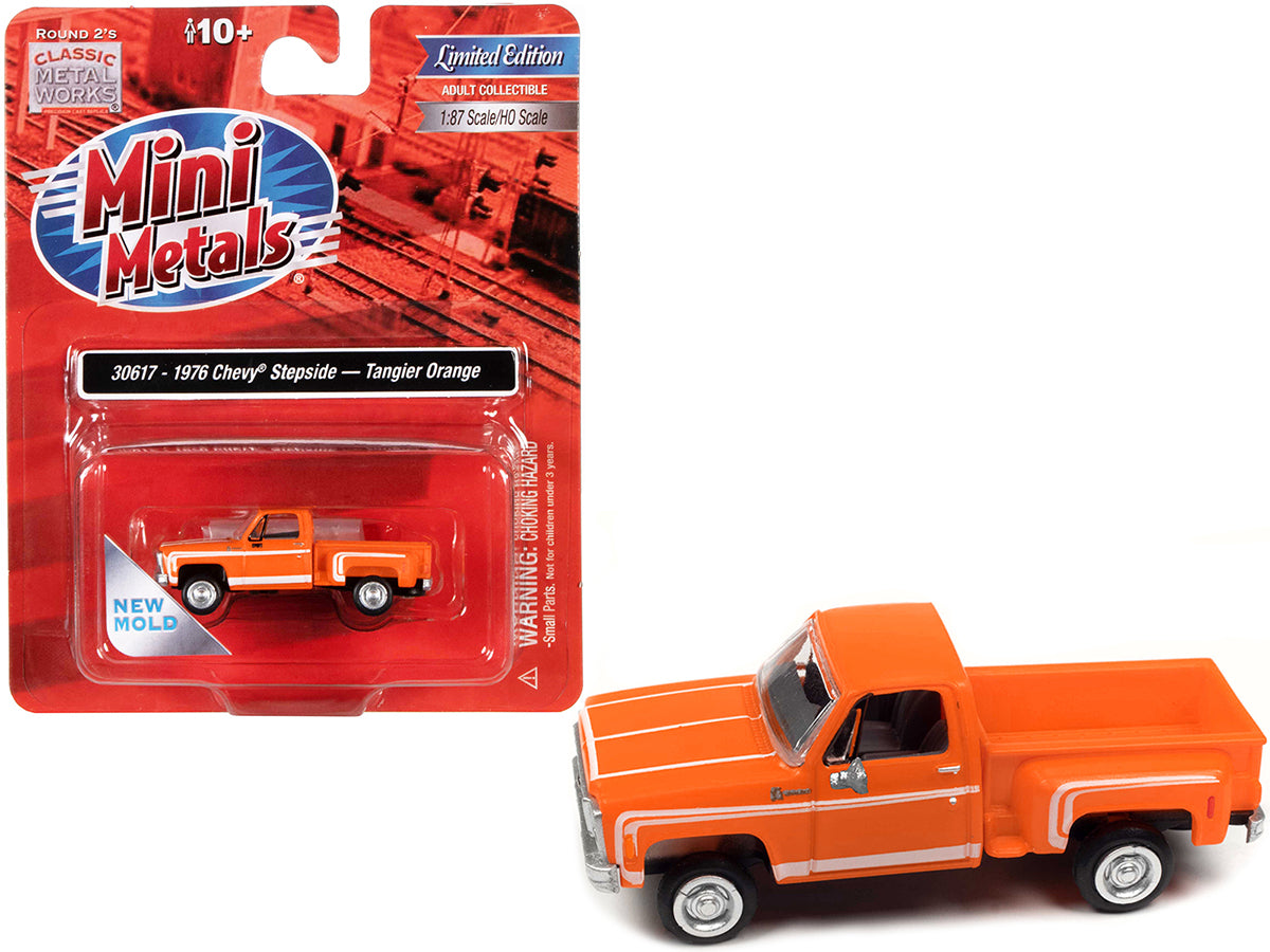 1976 Chevrolet Stepside Pickup Truck Tangier Orange with White Stripes 1/87 (HO) Scale Model Car by Classic Metal Works