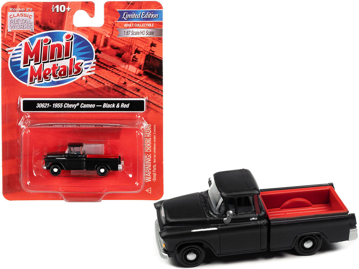 1955 Chevrolet Cameo Pickup Truck Matt Black and Red 1/87 (HO) Scale Model Car by Classic Metal Works