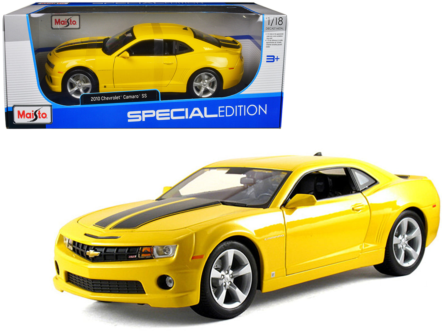 2010 Chevrolet Camaro SS RS Yellow with Black Stripes 1/18 Diecast Model Car by Maisto