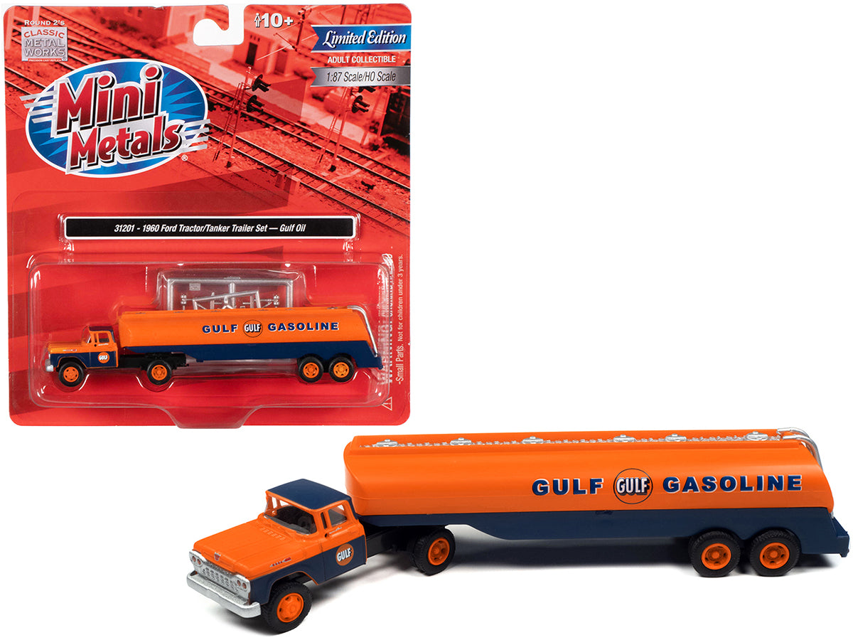 1960 Ford Tanker Truck Orange and Blue "Gulf Oil" 1/87 (HO) Scale Model by Classic Metal Works