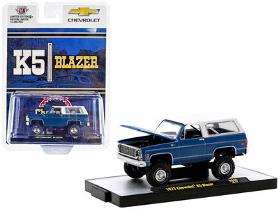 1973 Chevrolet K5 Blazer Blue with White Top Limited Edition to 13200 pieces Worldwide 1/64 Diecast Model Car by M2 Machines