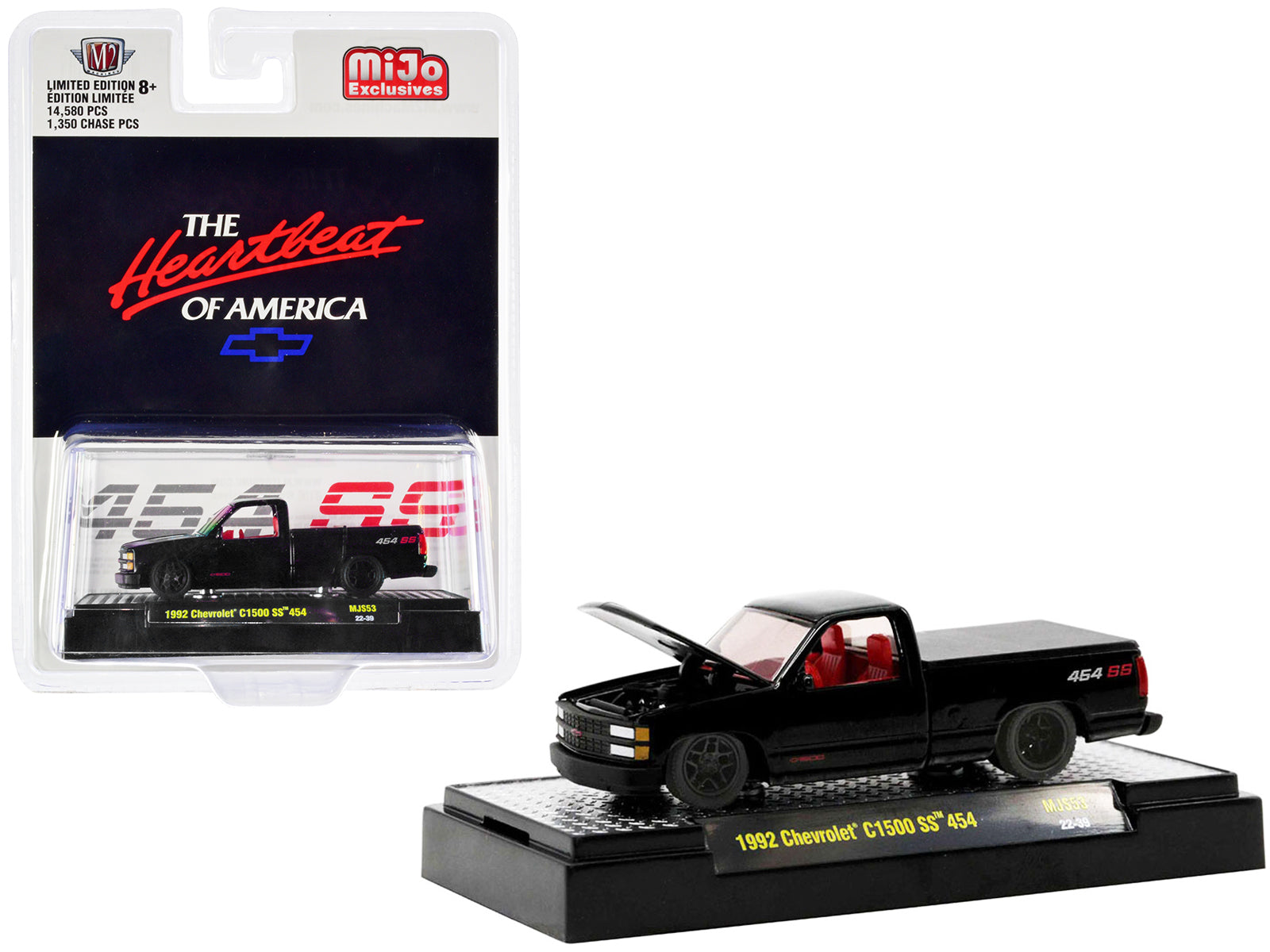 1992 Chevrolet C1500 SS 454 Pickup Truck Black with Red Interior "The Heartbeat of America" Limited Edition to 14580 pieces Worldwide 1/64 Diecast Model Car by M2 Machine