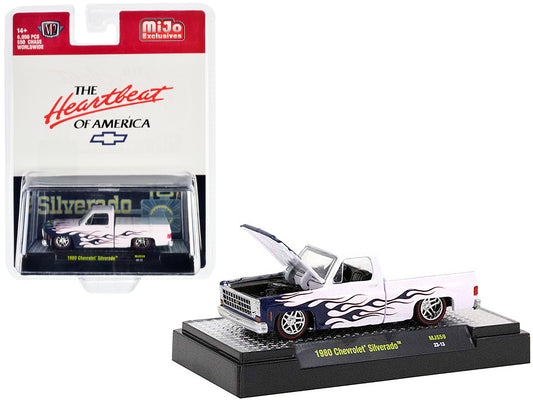 1980 Chevrolet Silverado Pickup Truck White with Blue Flames "The Heartbeat of America" Limited Edition to 6050 pieces Worldwide 1/64 Diecast Model Car by M2 Machines