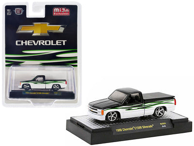 1990 Chevrolet C1500 Silverado Pickup Truck Black and White with Graphics Limited Edition to 4400 pieces Worldwide 1/64 Diecast Model Car by M2 Machines
