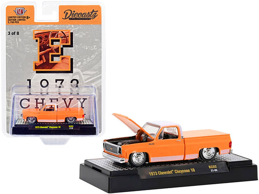 1973 Chevrolet Cheyenne 10 Pickup Truck with Bed Cover "E" Orange with White Top and Stripes "Diecastz Collectors" "Riverside Show Exclusives" Limited Edition to 5750 pieces Worldwide 1/64 Diecast Model Car by M2 Machines