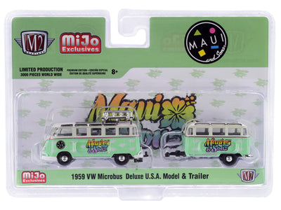 1959 Volkswagen Microbus Deluxe U.S.A. with Roof Rack with Travel Trailer Light Green and Cream "Maui and Sons" Limited Edition to 3000 pieces Worldwide 1/64 Diecast Model Car by M2 Machines