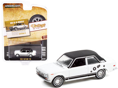 1969 Datsun 510 White and Black with Graphics "GR-R-R-ROOVY The World's Best $2000 Car. It Goes Wild!" "Vintage Ad Cars" Series 6 1/64 Diecast Model Car by Greenlight